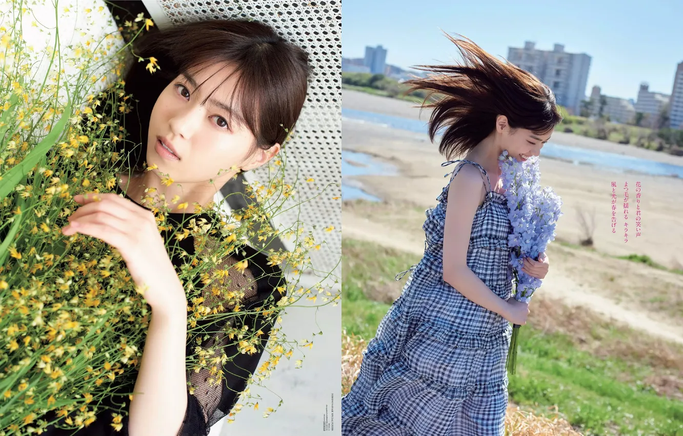 Photo wallpaper Beautiful, Asian, Model, Flowers, Water, Smile, Woman, River