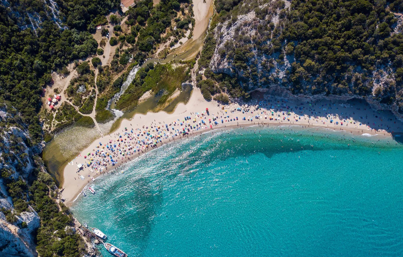 Photo wallpaper sea, Italy, Italy, Sardinia, blue water, Sardinia, Cala Luna beach, Bird's-eye view
