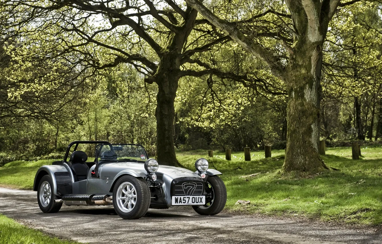 Photo wallpaper summer, trees, Park, car, Caterham, Roadsport