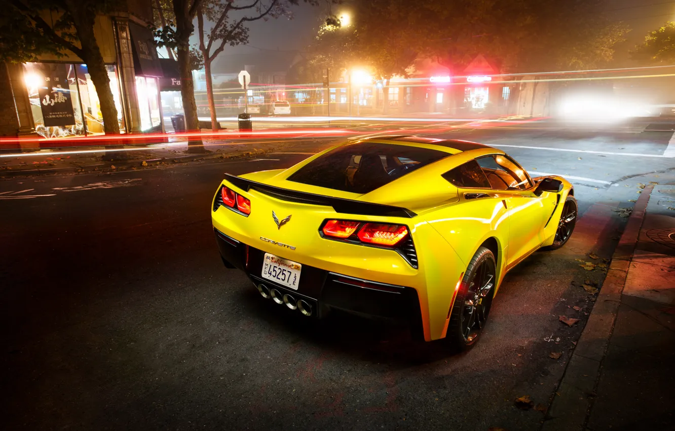 Photo wallpaper night, the city, lights, excerpt, Corvette, Chevrolet, rear view, Coupe