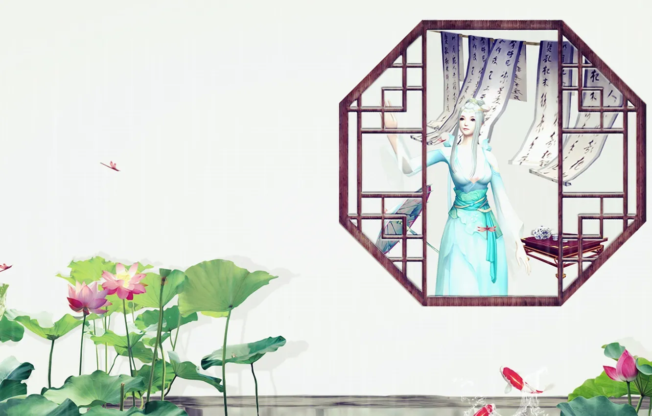 Photo wallpaper summer, girl, fish, window, art, Lotus