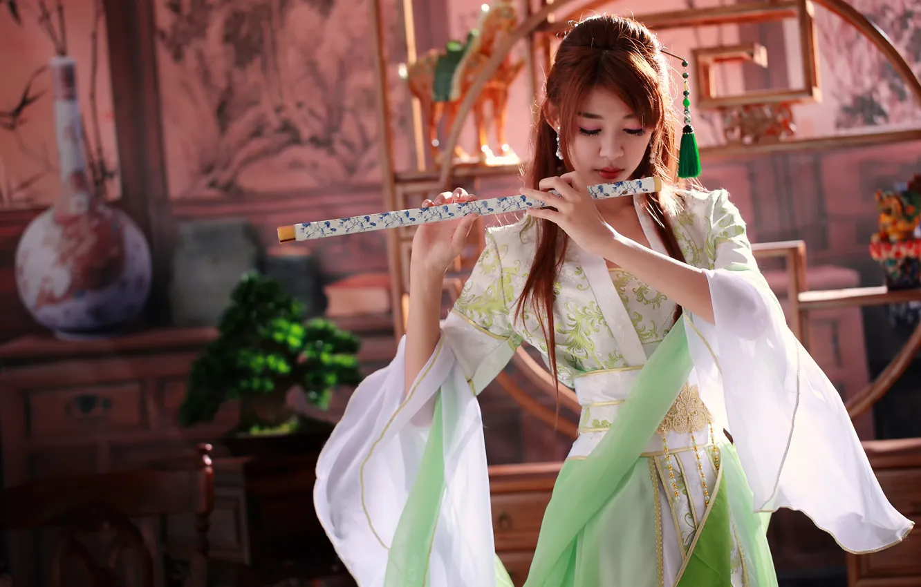 Photo wallpaper girl, music, tool, flute