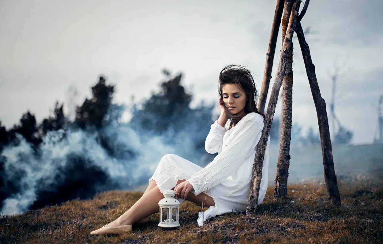 Photo wallpaper forest, the sky, grass, girl, branches, nature, pose, fog