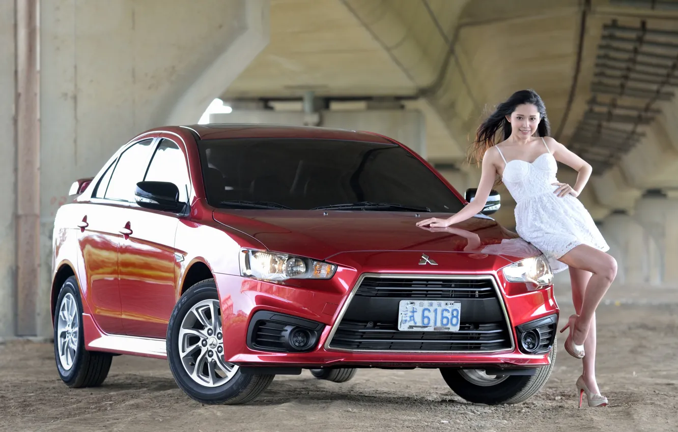 Photo wallpaper look, girl, Mitsubishi, Asian, beautiful girl, red car, posing on the car