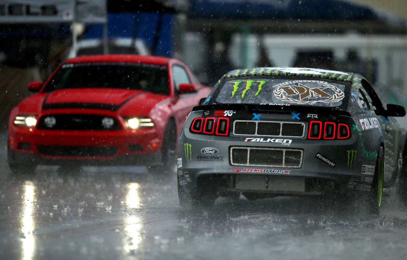 Photo wallpaper Mustang, Ford, Rain, Mustang, Lights, RTR, Rain, Monster Energy
