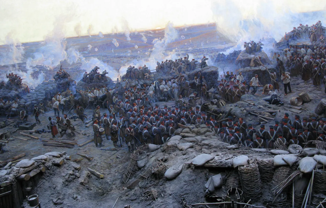 Photo wallpaper war, battle, soldiers, panorama, gun, Crimea, fragment, Defense Of Sevastopol