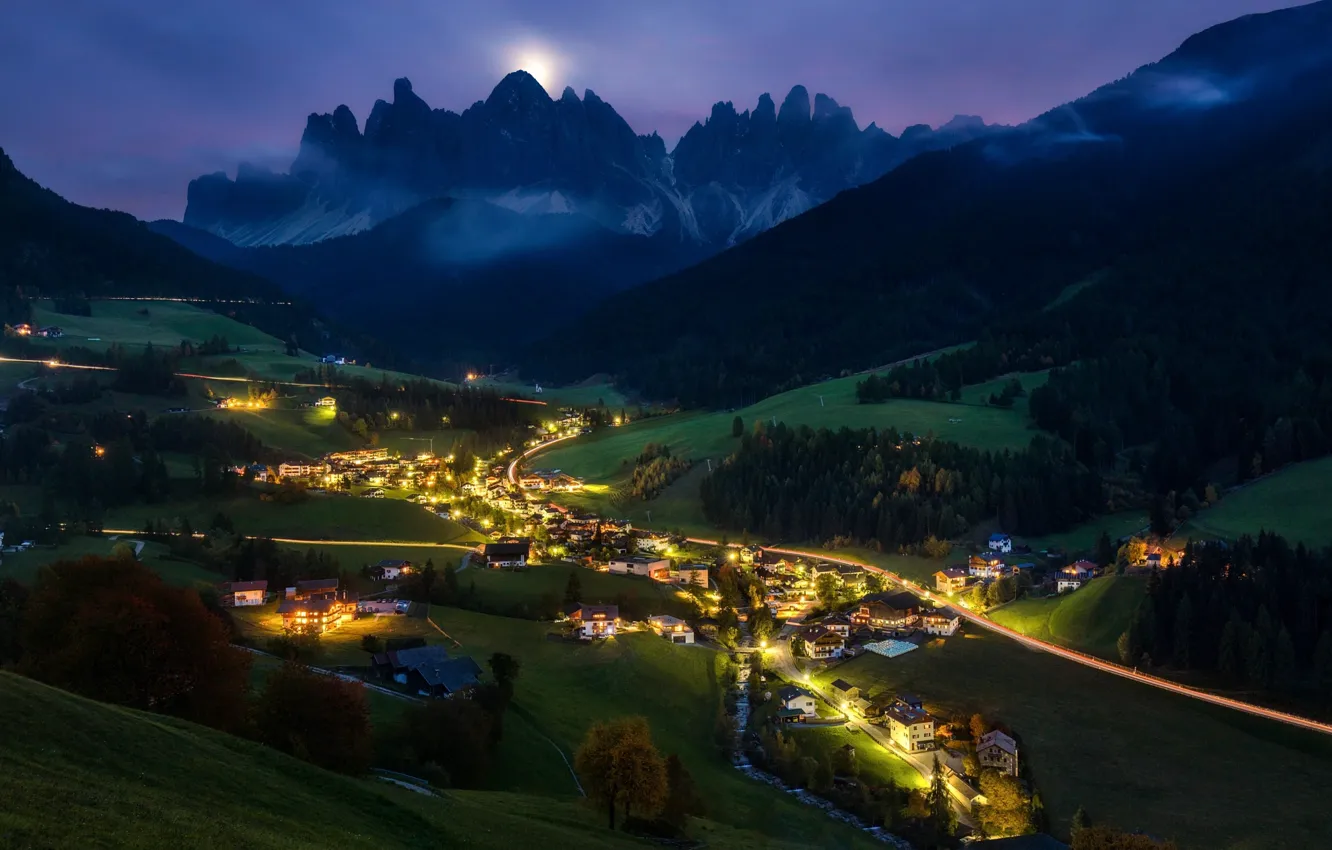 Photo wallpaper light, mountains, night, valley, Alps, the village