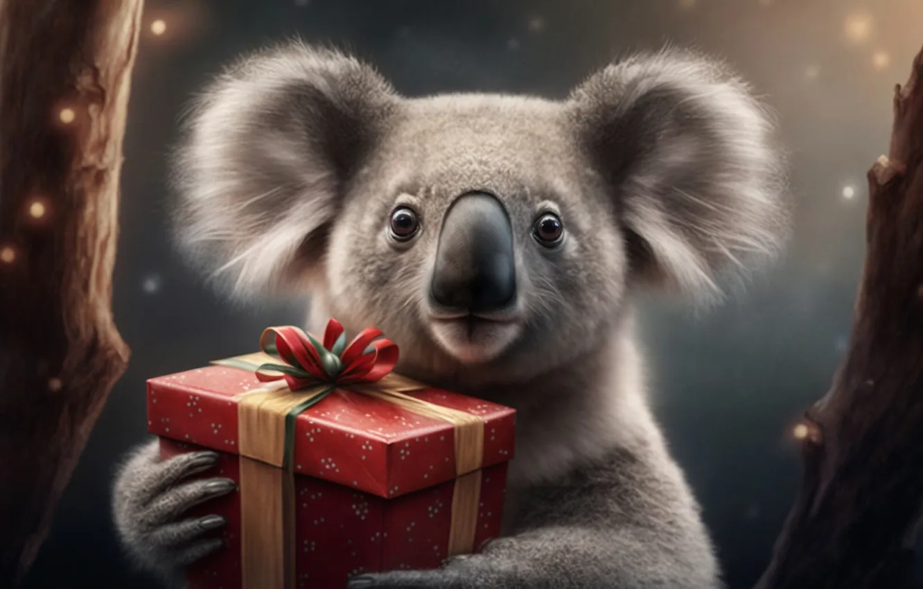 Photo wallpaper look, gift, new year, Christmas, face, bow, Koala, AI art