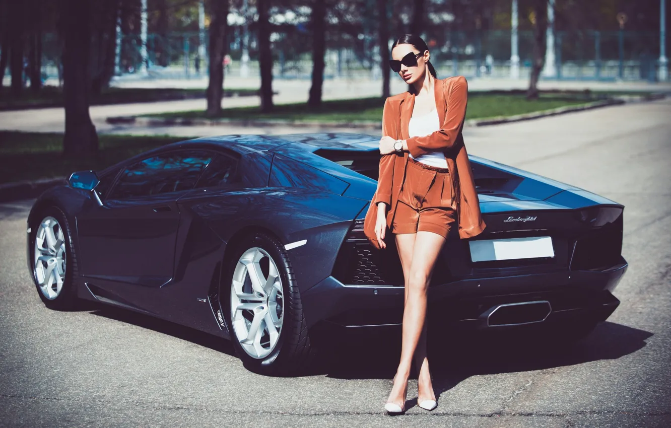 Photo wallpaper Lamborghini, Girl, Legs, Model, LP700-4, Aventador, View, Supercar