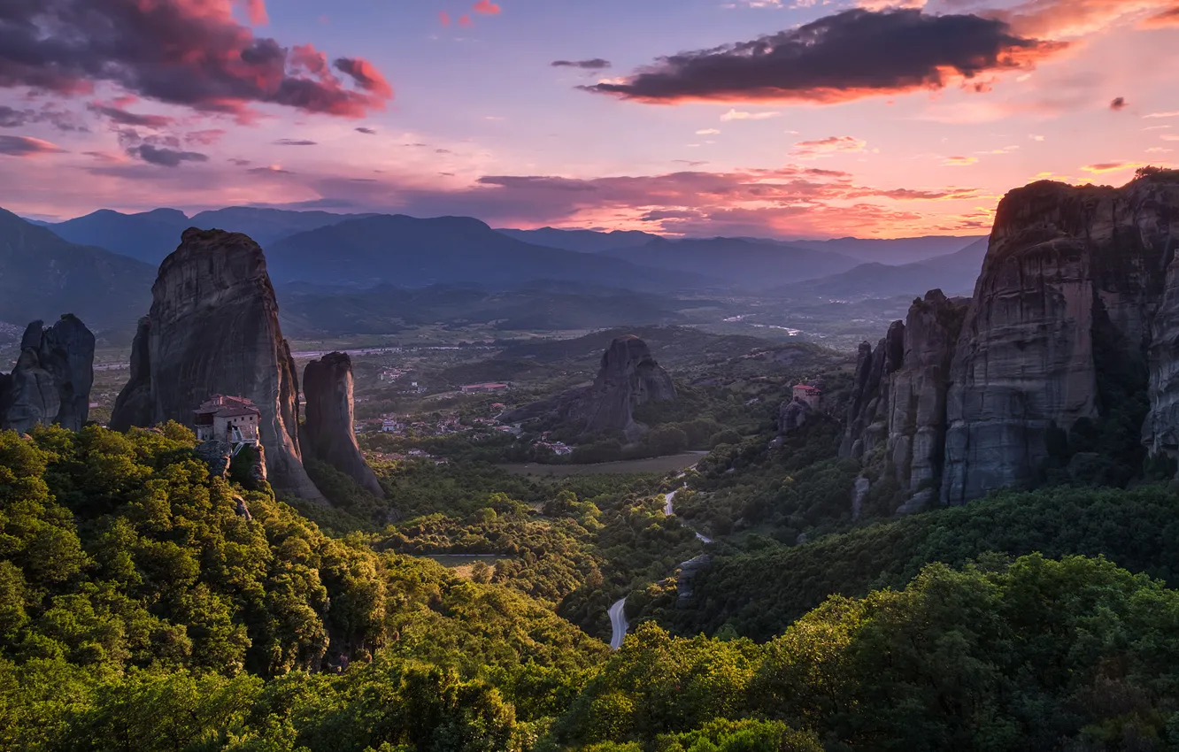 Photo wallpaper mountains, Greece, valley, panorama, Greece, Meteora, Thessalian Plain, Thessaly