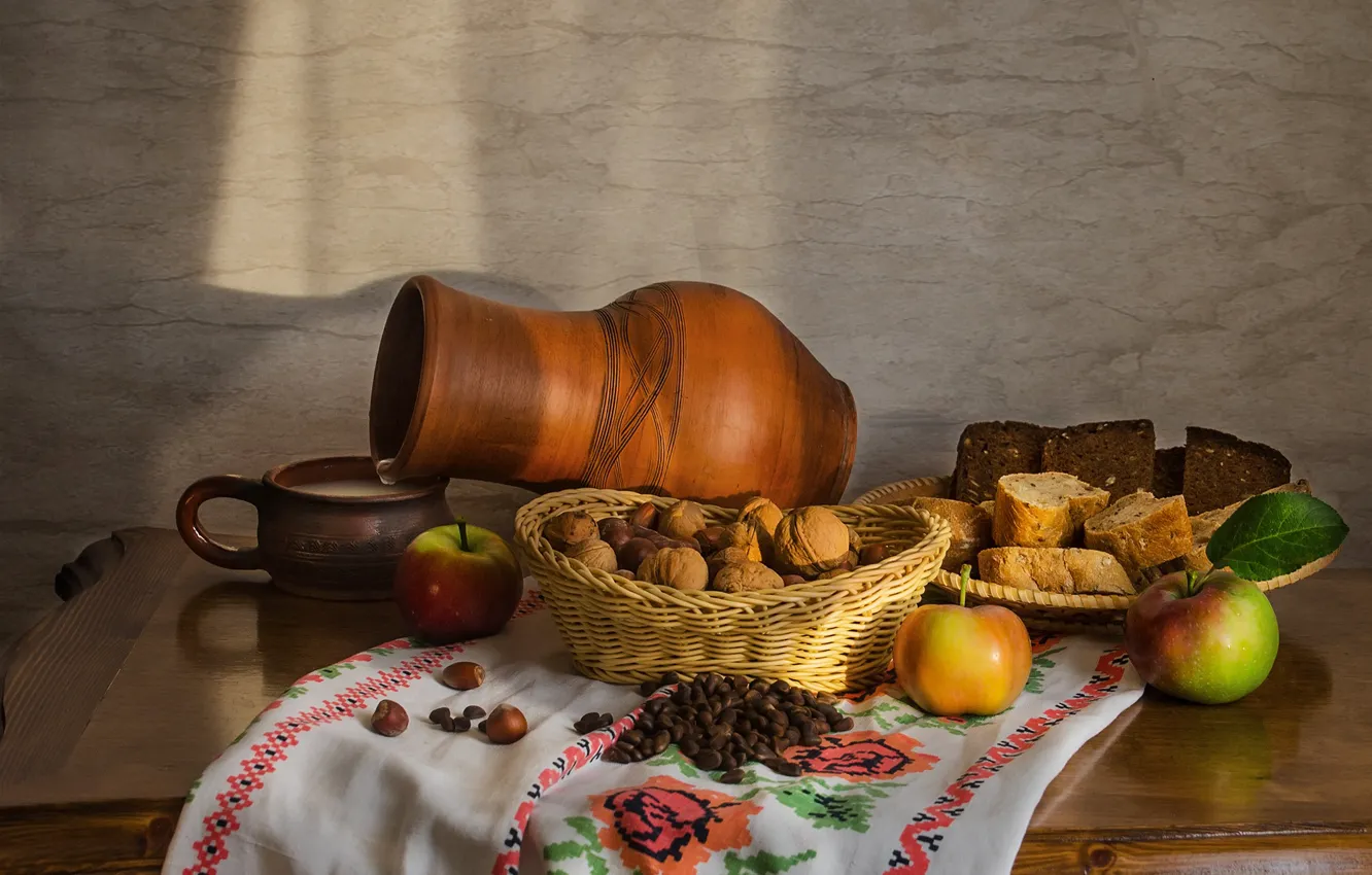Photo wallpaper apples, milk, nuts, bread. pitcher