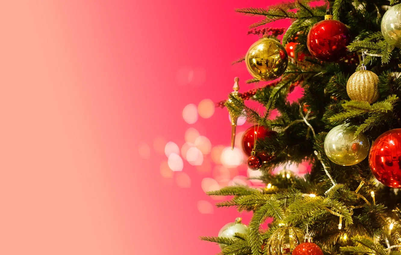 Photo wallpaper balls, balls, Christmas, New year, tree, garland, pink background, Christmas decorations