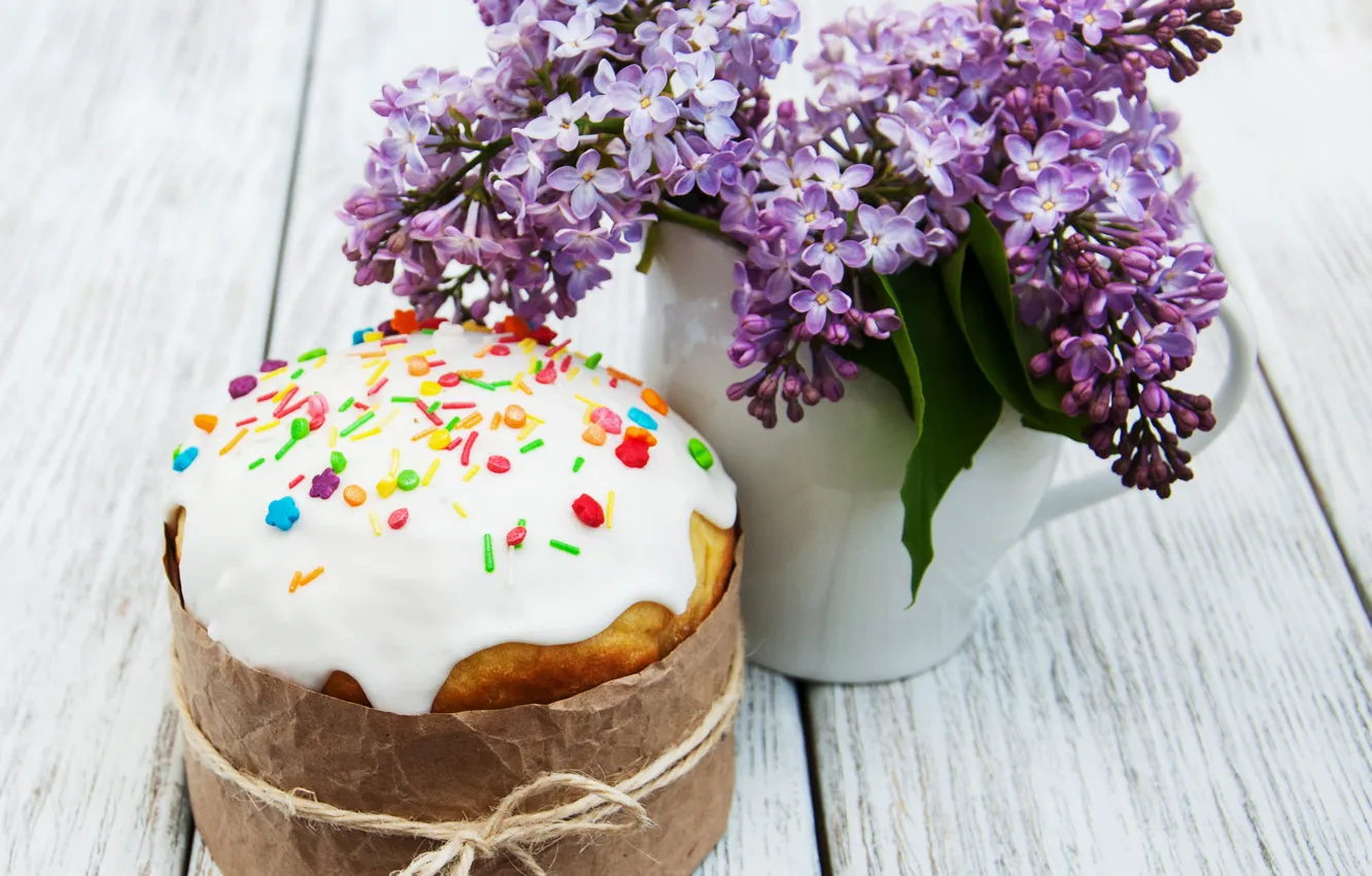 Photo wallpaper flowers, Board, bouquet, Easter, vase, cake, cakes, lilac