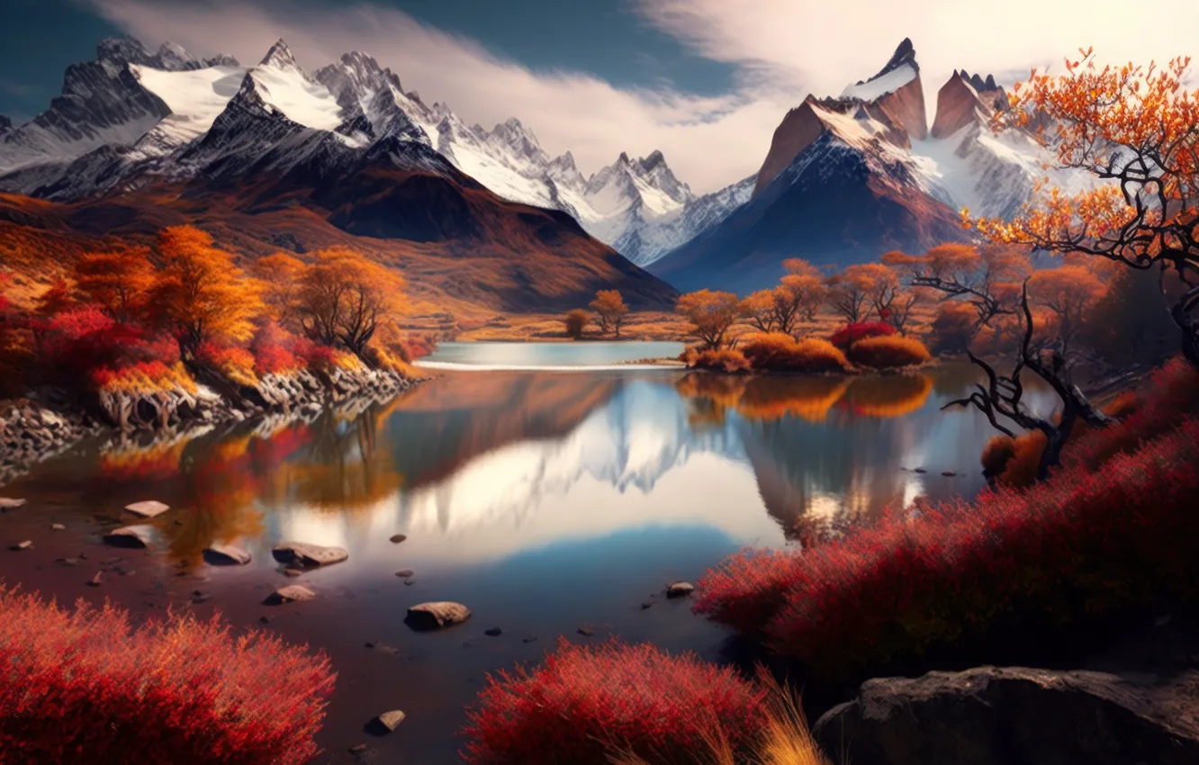 Photo wallpaper autumn, snow, trees, landscape, branches, nature, lake, reflection