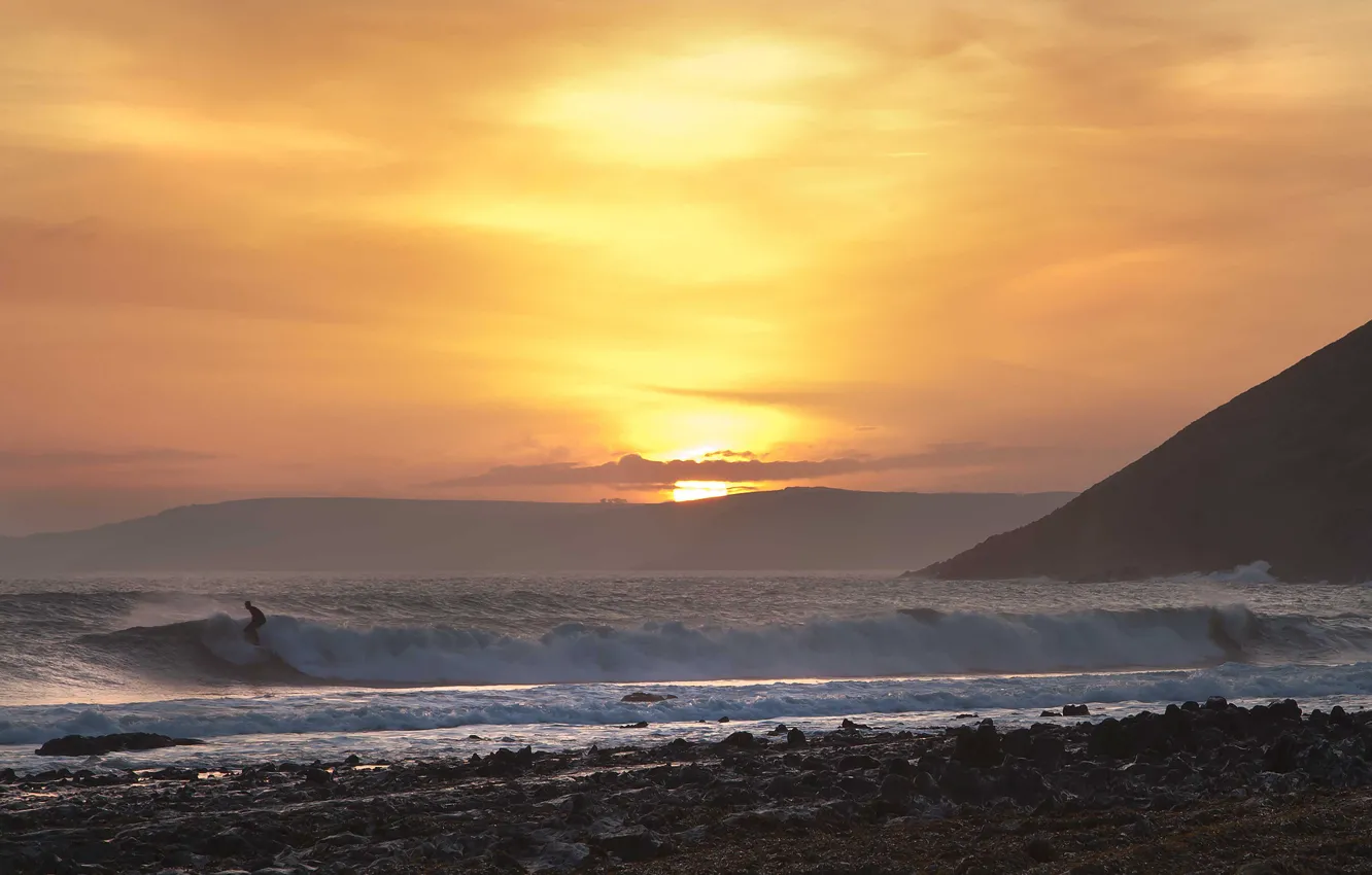 Photo wallpaper sea, wave, beach, sunset, surfing