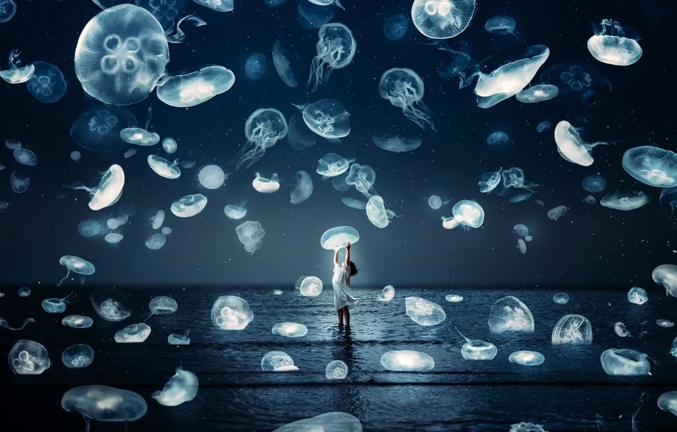 Photo wallpaper sea, the sky, stars, light, night, children, darkness, rendering