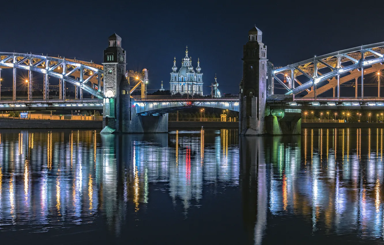 Photo wallpaper night, the city, river, Peter, lighting, Saint Petersburg, Smolny Cathedral, Neva