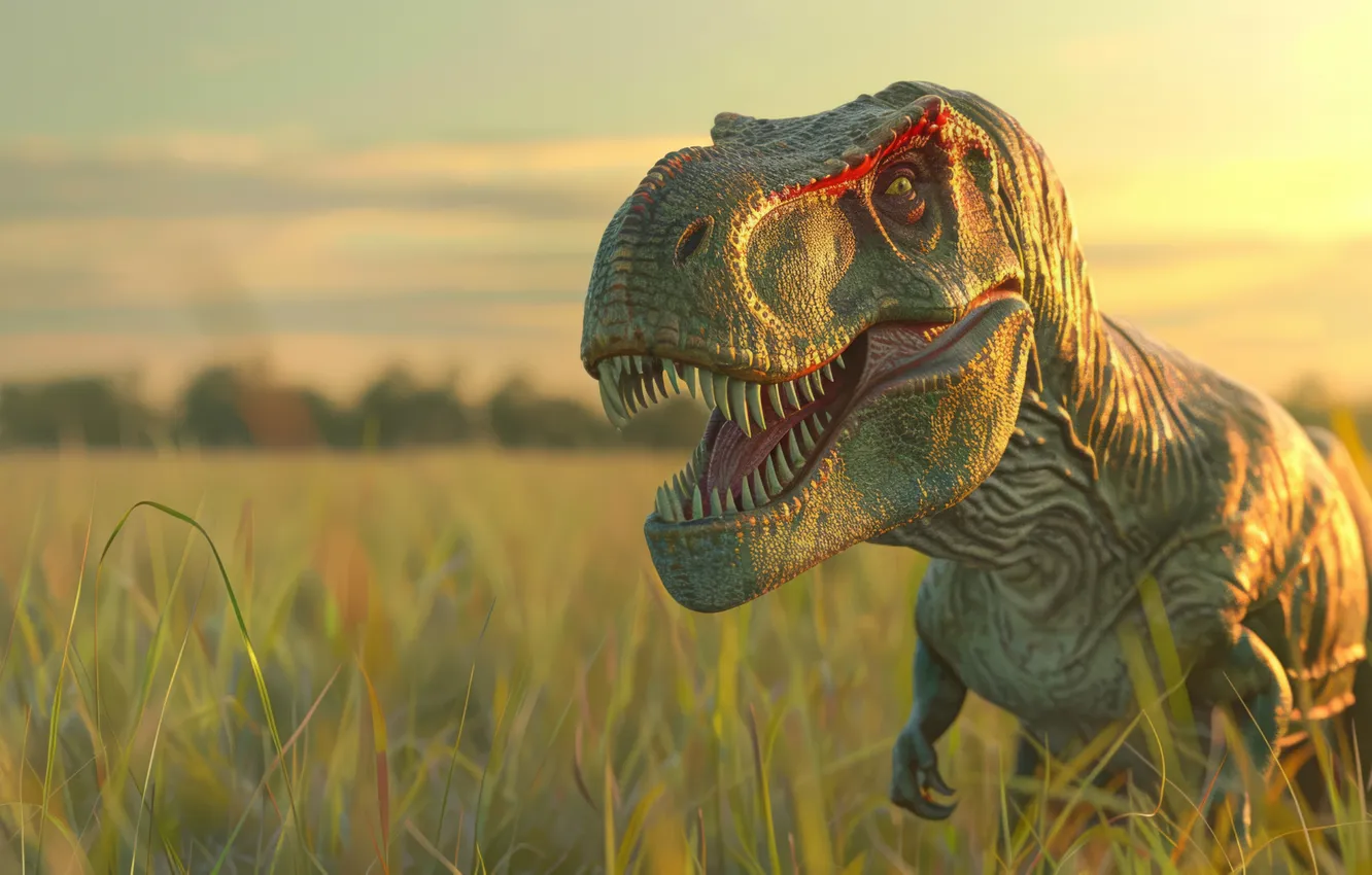 Photo wallpaper grass, face, animal, dawn, dinosaur, predator, teeth, Tyrannosaurus