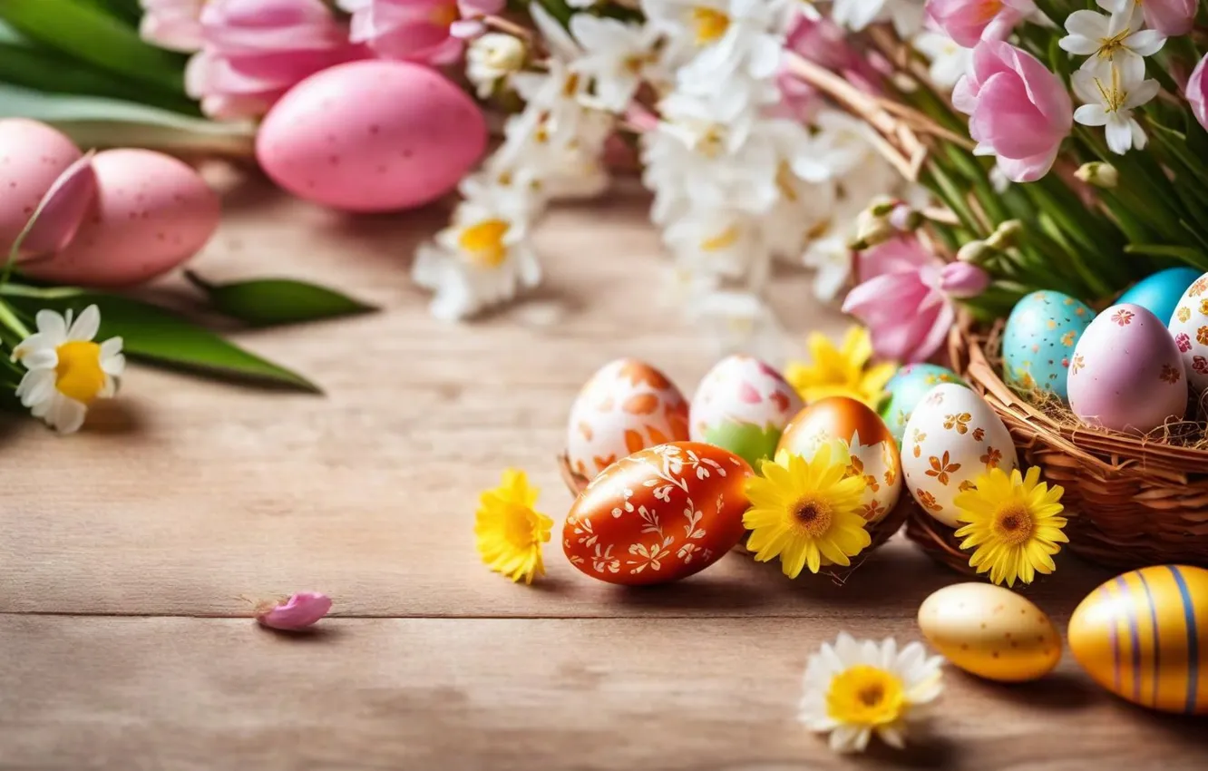 Photo wallpaper flowers, eggs, spring, colorful, Easter, flowers, spring, Easter