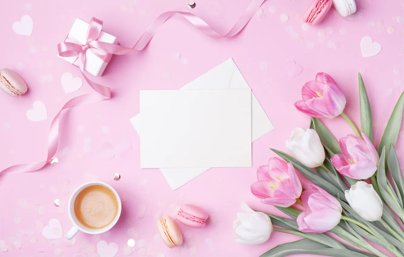 Photo wallpaper flowers, gift, tulips, pink background, March 8, pink, flowers, background