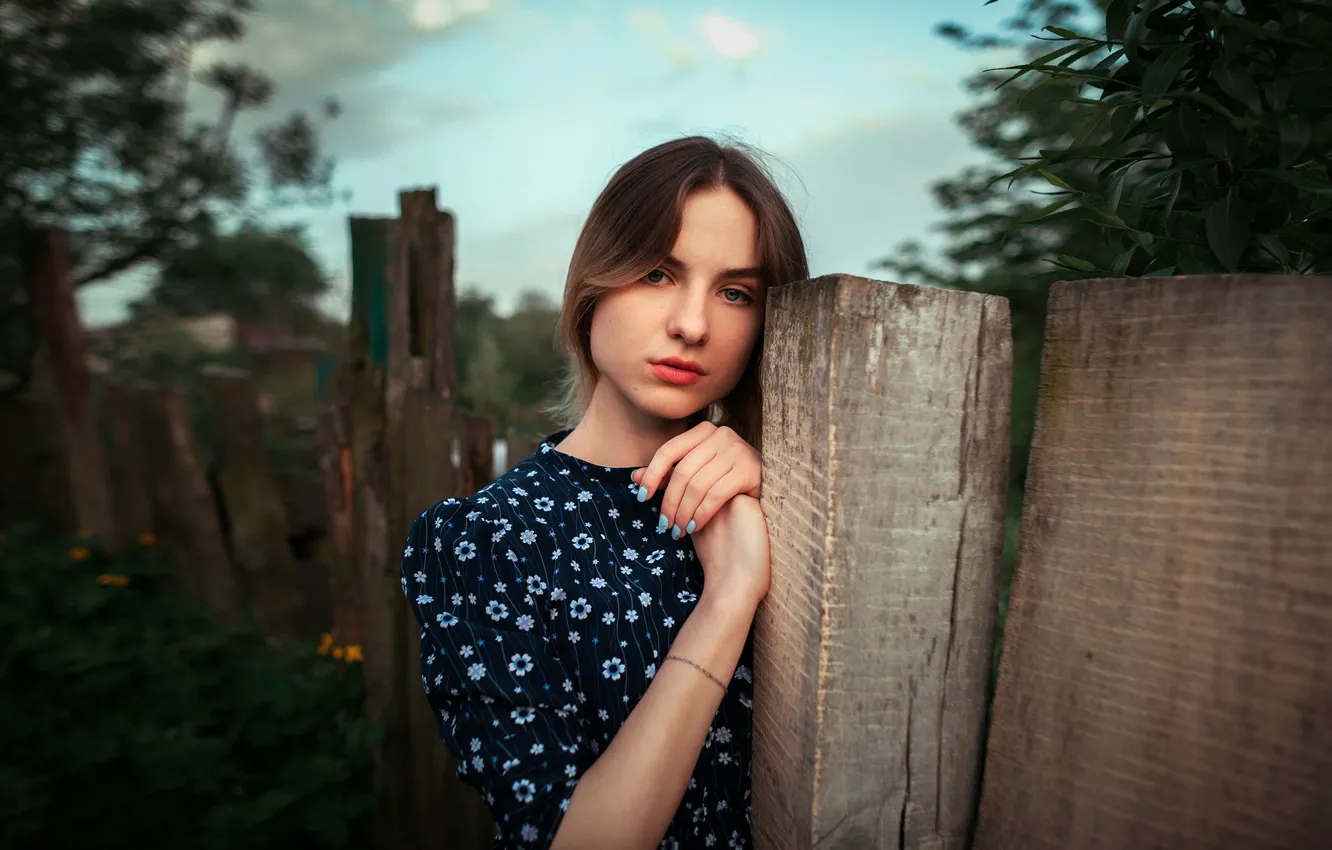 Photo wallpaper girl, nature, the fence, dress, brown hair, Viktor Rakov