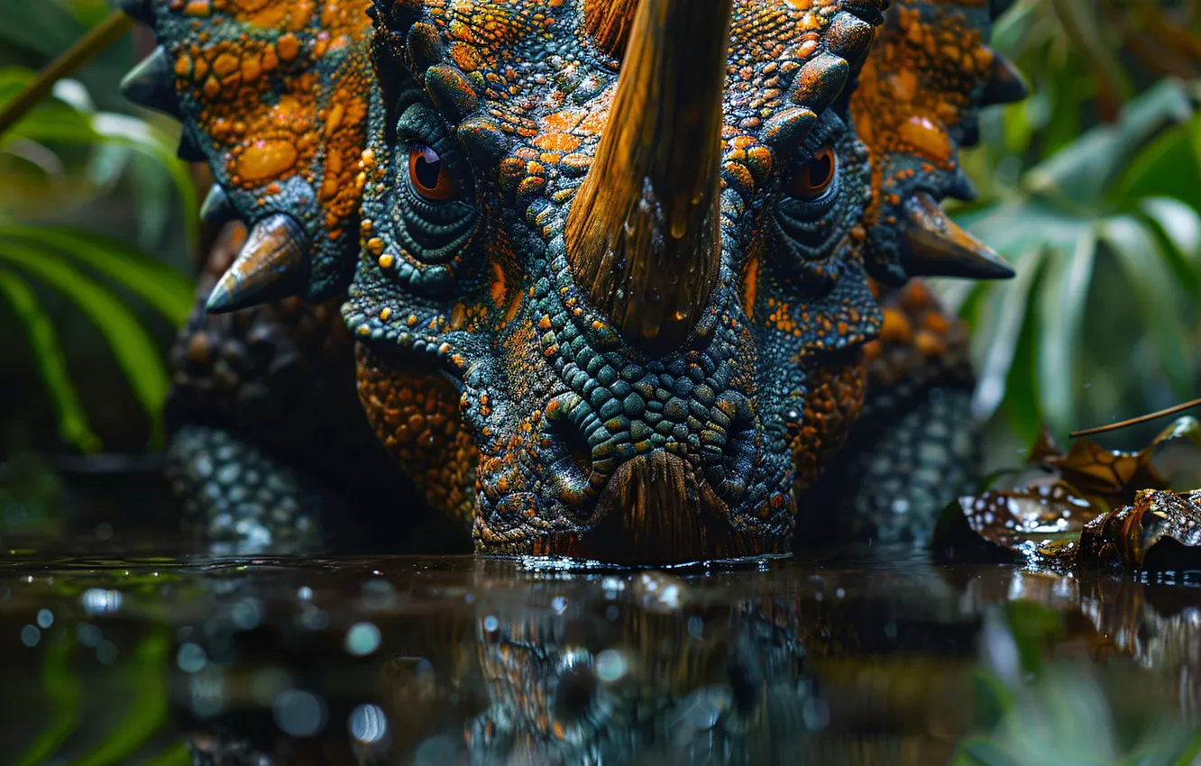 Photo wallpaper Water, Face, Dinosaur, Horns, Triceratops, Animal, Digital art, Closeup