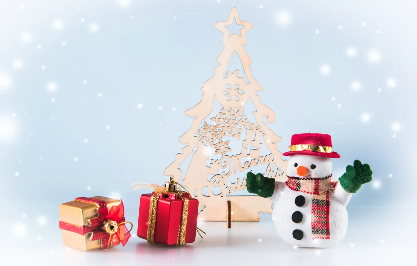 Photo wallpaper winter, snow, snowflakes, New Year, Christmas, snowman, happy, Christmas