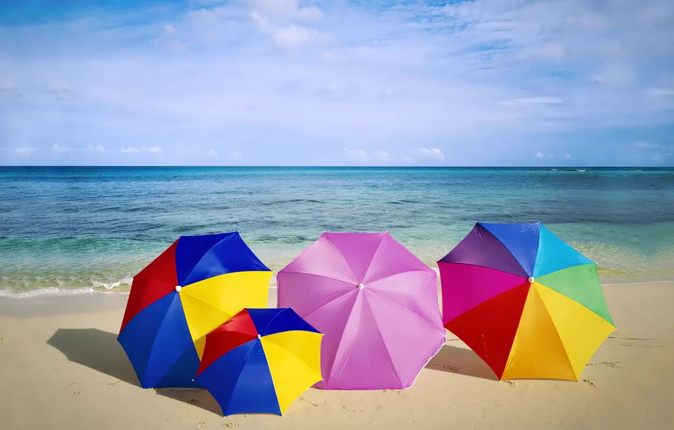 Photo wallpaper sand, sea, beach, summer, the sky, horizon, umbrellas