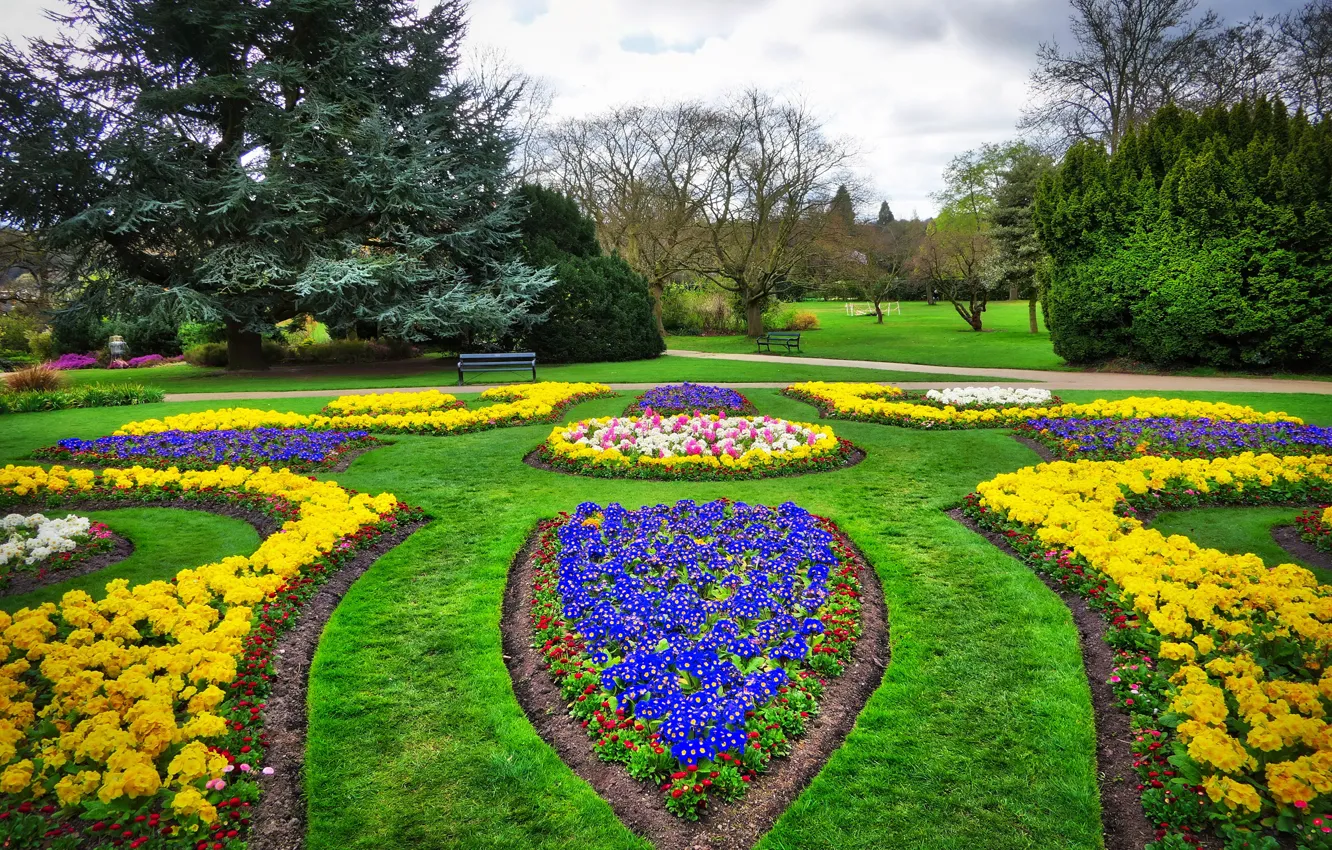 Photo wallpaper grass, clouds, trees, flowers, bench, clouds, Park, lawn