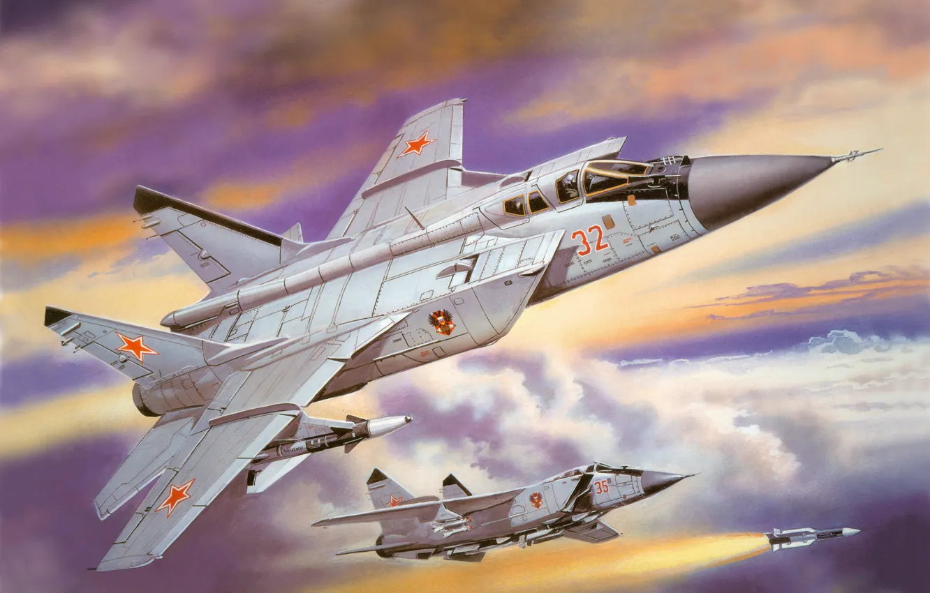 Photo wallpaper the sky, clouds, figure, art, action, supersonic, The MiG-31, far