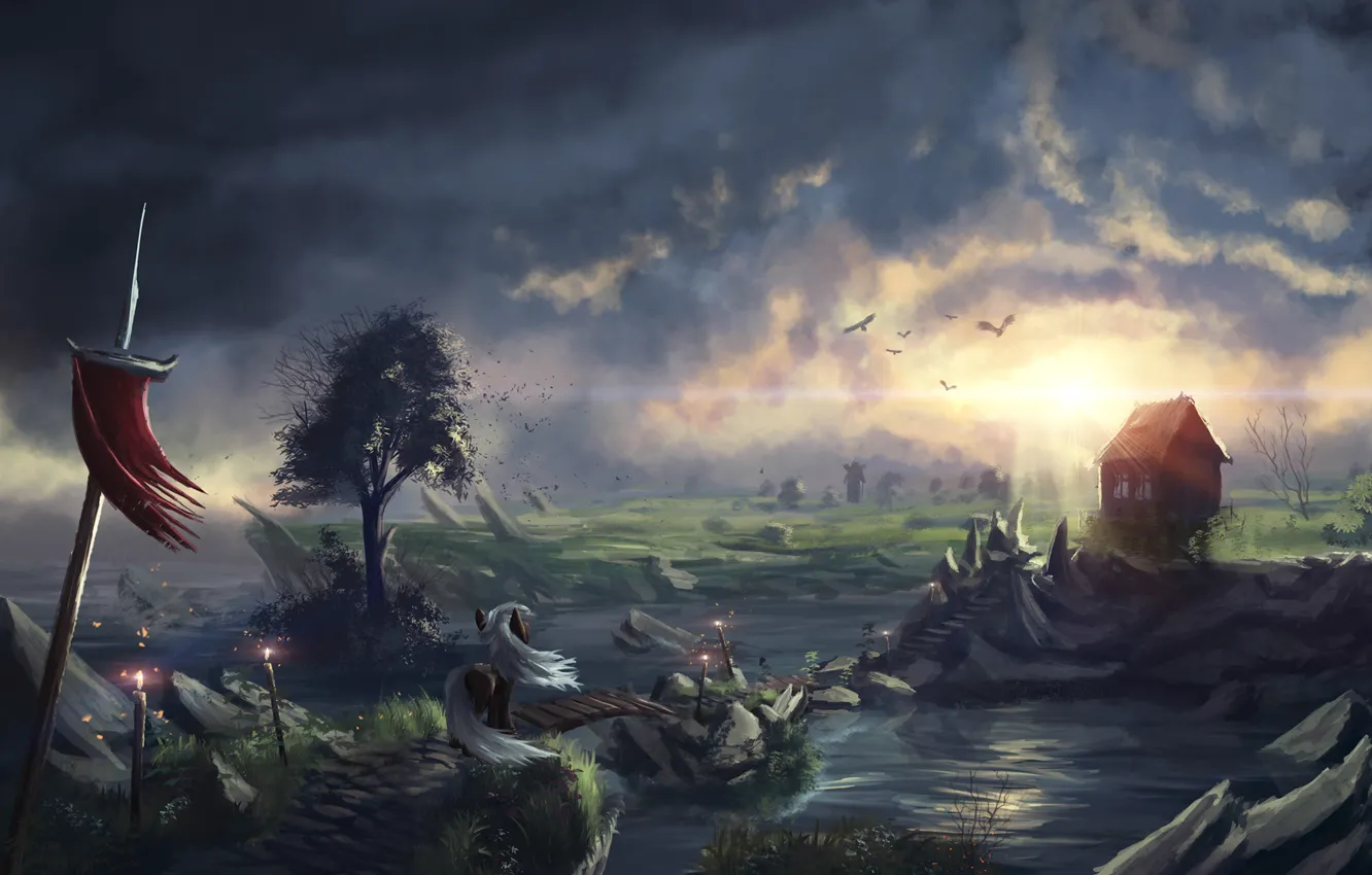 Photo wallpaper bridge, river, bird, home, art, pony, painted landscape