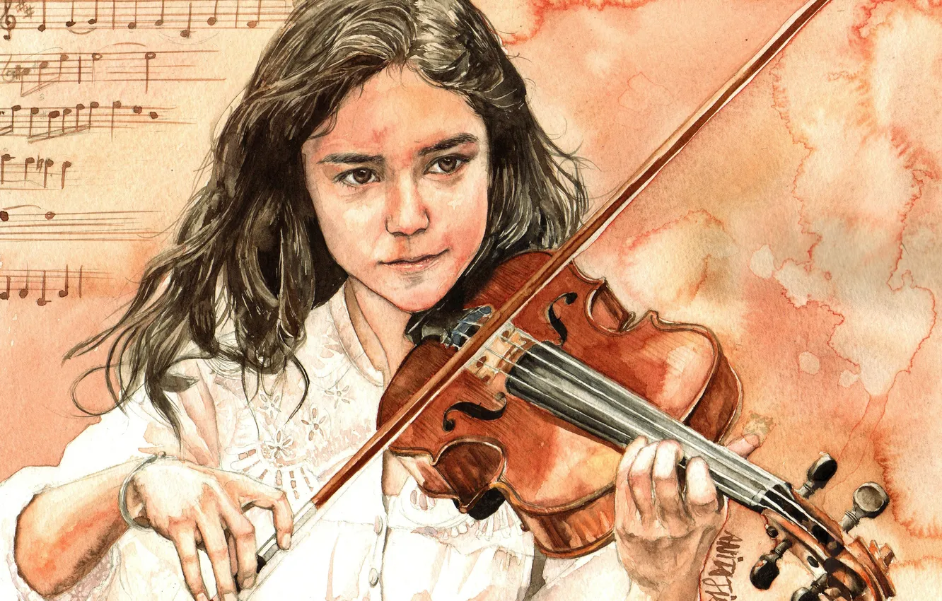 Photo wallpaper girl, notes, violin, art, bow
