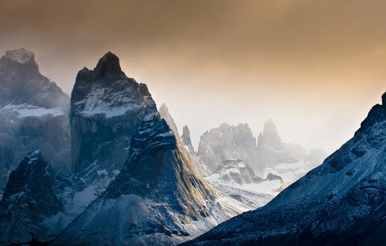 Photo wallpaper sunset, mountains, snow, towers, chile