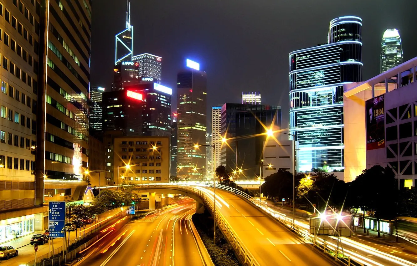 Photo wallpaper road, night, lights, Hong Kong, skyscrapers