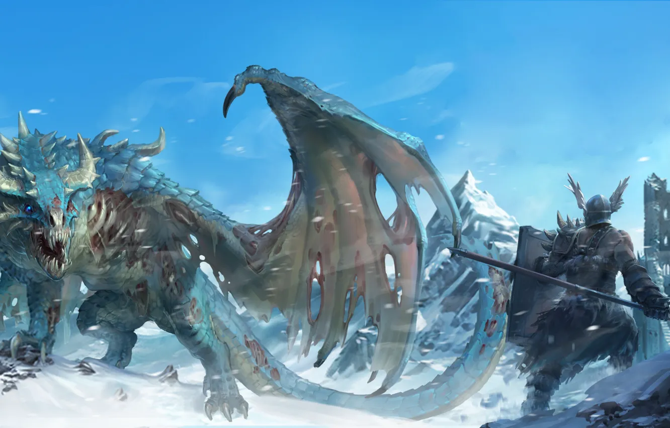 Photo wallpaper fantasy, Dragon, tower, armor, weapon, wings, tail, mountains