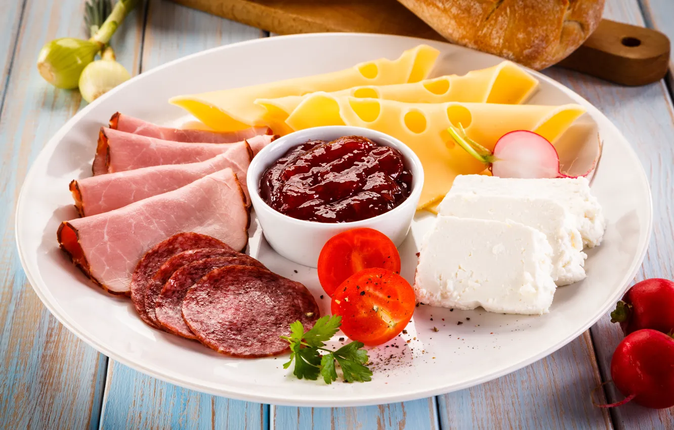 Photo wallpaper food, Breakfast, cheese, bread, sauce, sausage, cutting