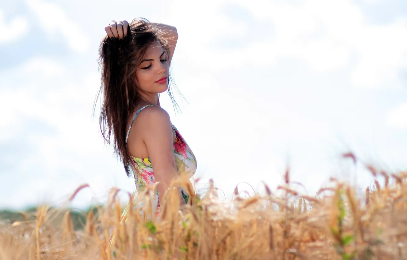 Photo wallpaper field, look, girl, face, smile, background, brunette, lips