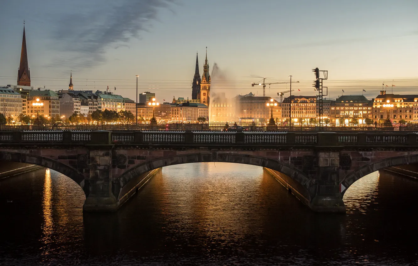 Photo wallpaper the sky, bridge, lights, river, building, home, the evening, Germany