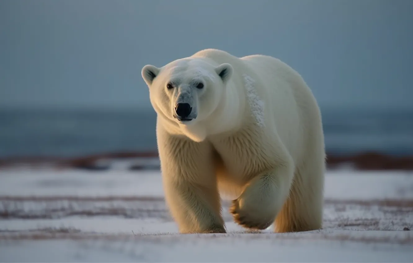 Photo wallpaper winter, snow, shore, walk, polar bear, pond, digital art, AI art