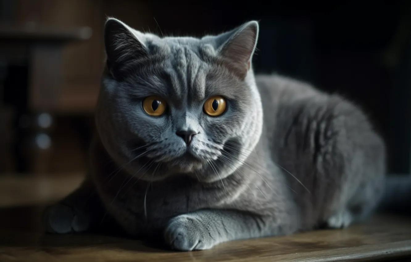 Photo wallpaper cat, cat, look, the dark background, grey, room, portrait, art