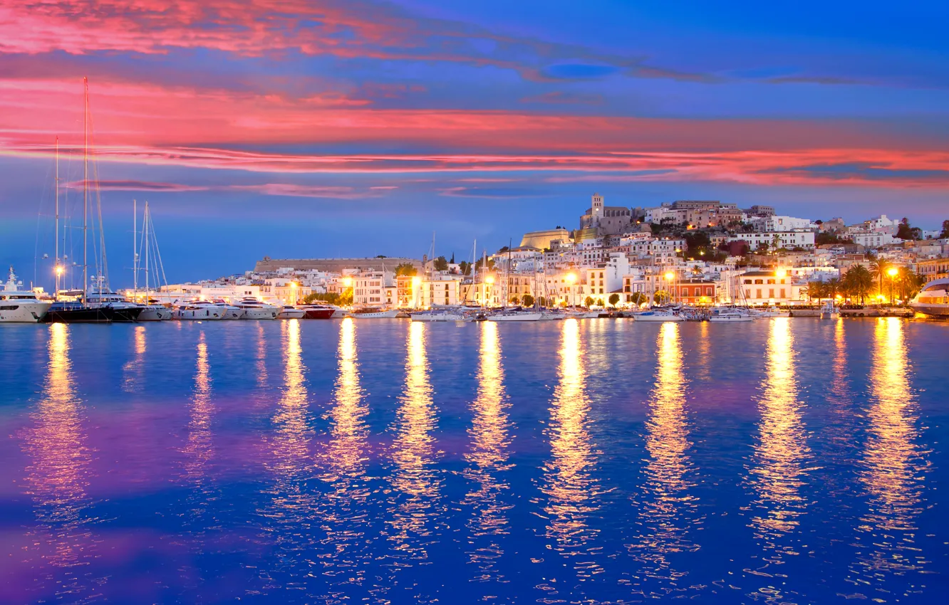Photo wallpaper sea, sunset, lights, shore, home, yachts, lights, Spain