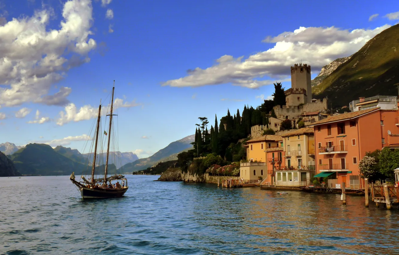 Photo wallpaper landscape, mountains, nature, lake, boat, ship, building, Italy