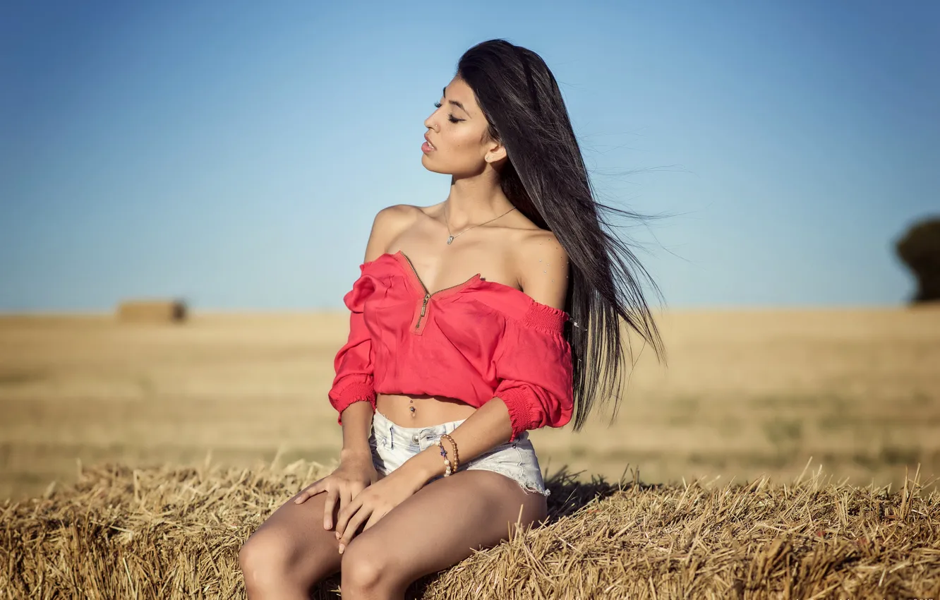 Photo wallpaper field, the sky, girl, the sun, decoration, sexy, pose, shorts
