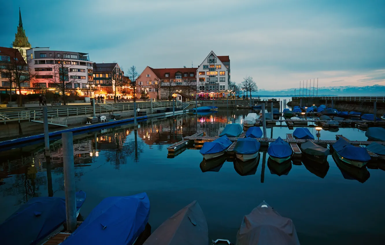 Photo wallpaper lake, boats, Germany, pier, Friedrichshafen, Lake Constance