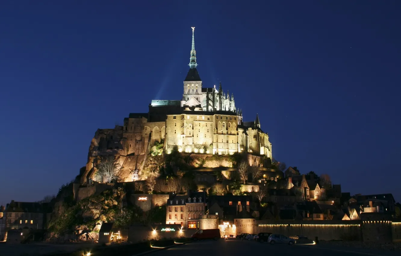 Photo wallpaper lights, night, france, mont saint michel