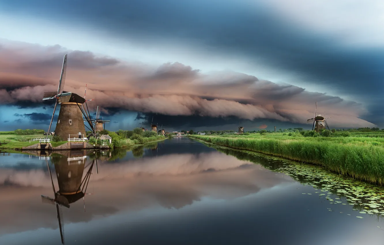 Photo wallpaper the sky, clouds, clouds, river, mill, channel, Netherlands
