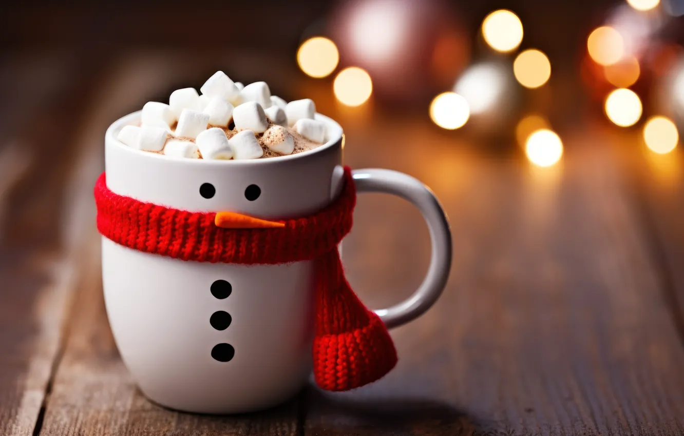 Photo wallpaper red, lights, table, Board, new year, Christmas, mug, Cup