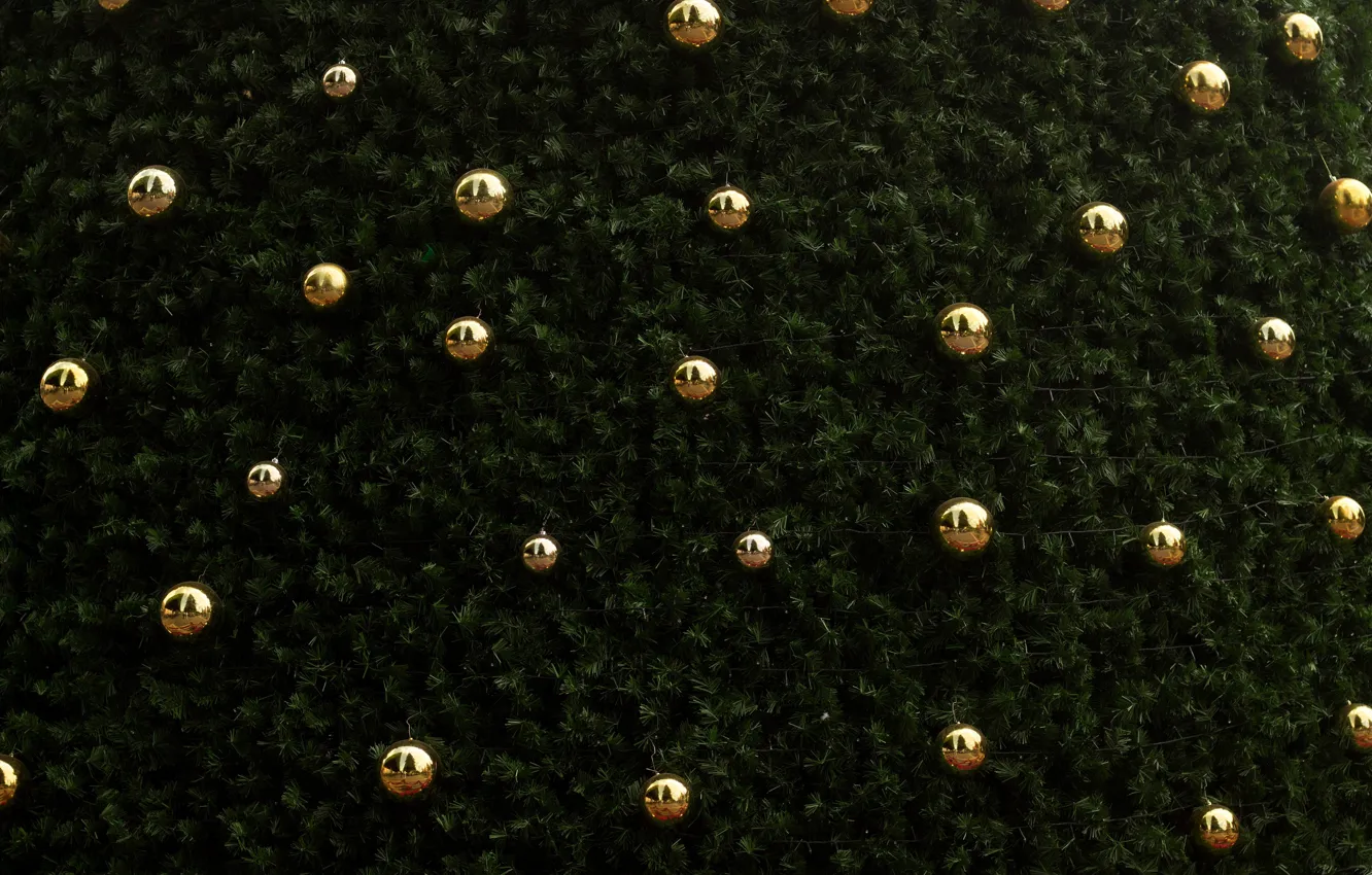 Photo wallpaper gold, tree, balls, Christmas, Shine, balls, the dark background, Christmas tree