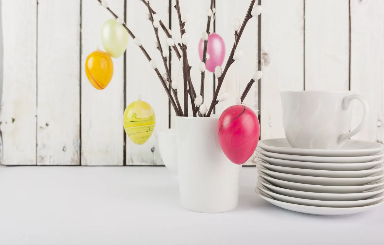 Photo wallpaper branches, holiday, eggs, Easter, vase