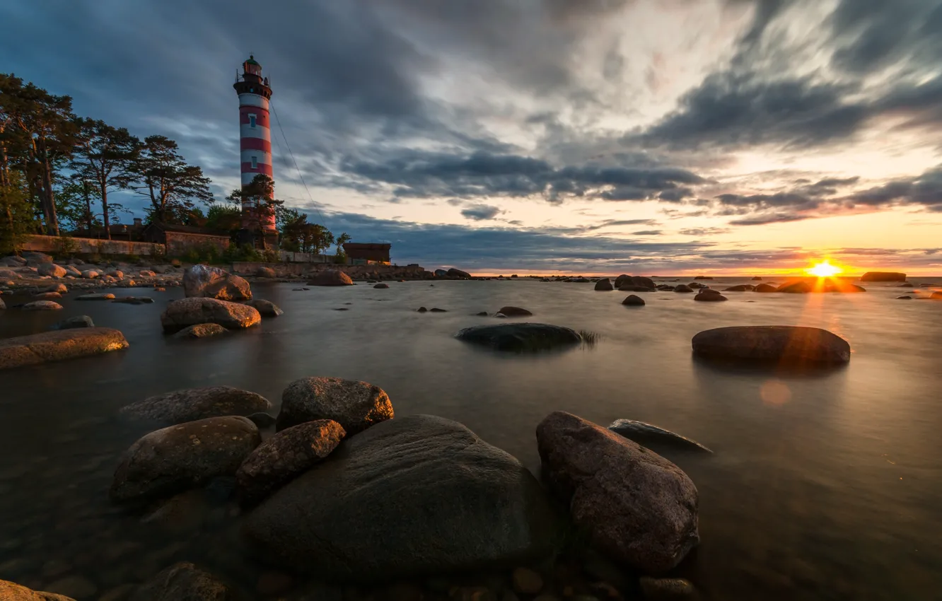 Photo wallpaper sea, sunset, stones, lighthouse, Russia, The Gulf of Finland, Shepelevsky Lighthouse